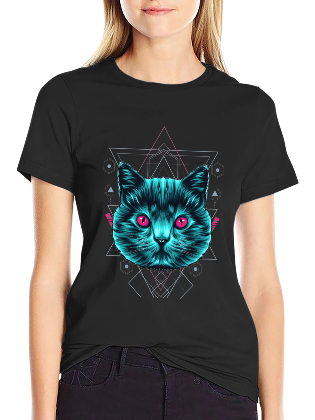 Geometric Cat Graphic Tee - Trendy Black T-Shirt