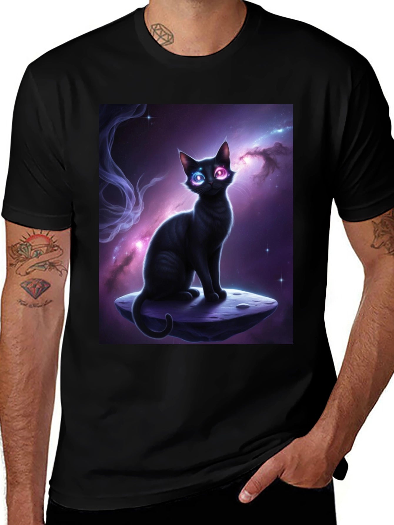Cosmic Cat Black T-Shirt - Unique Design