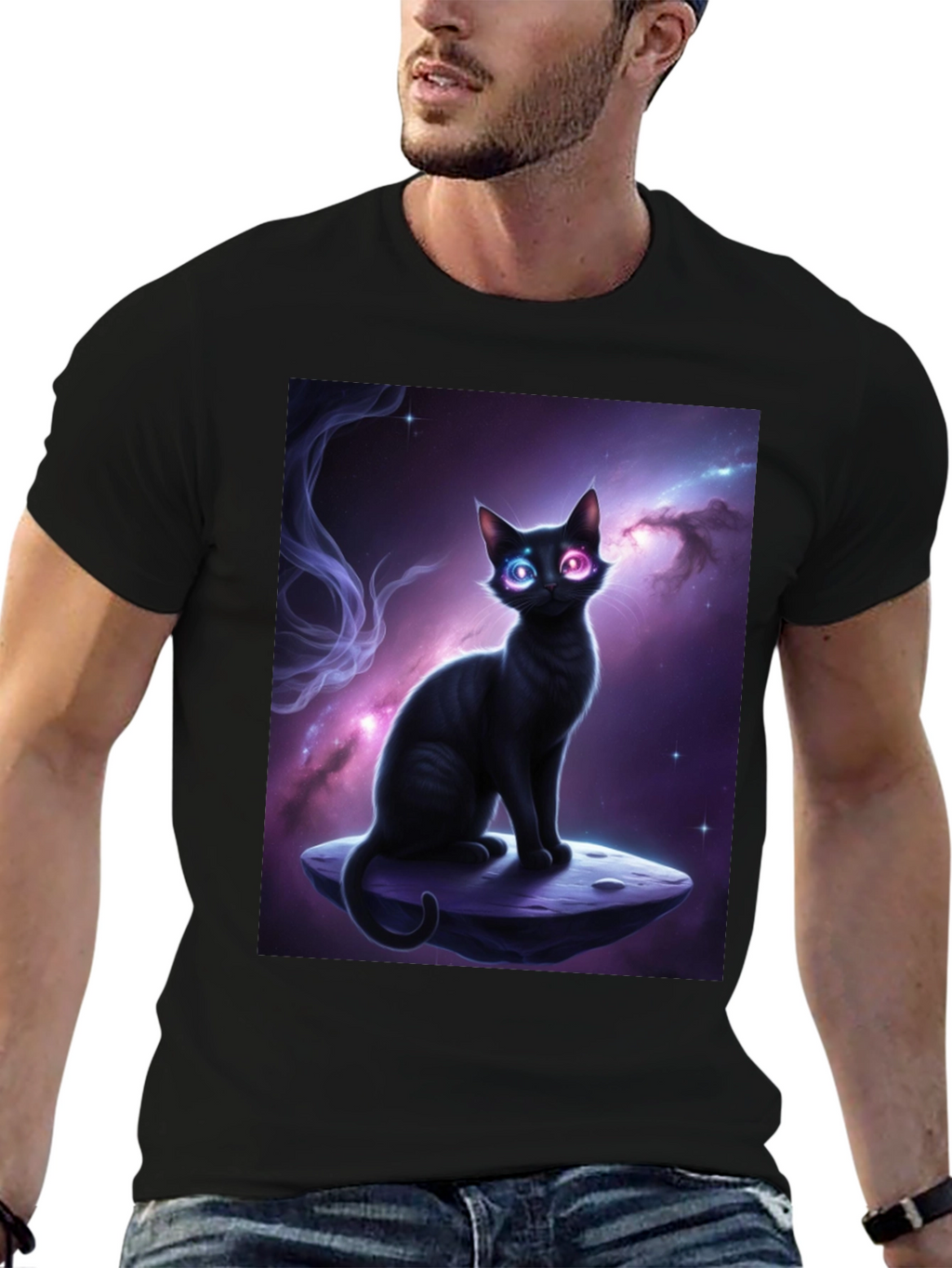 Cosmic Cat Black T-Shirt - Unique Design