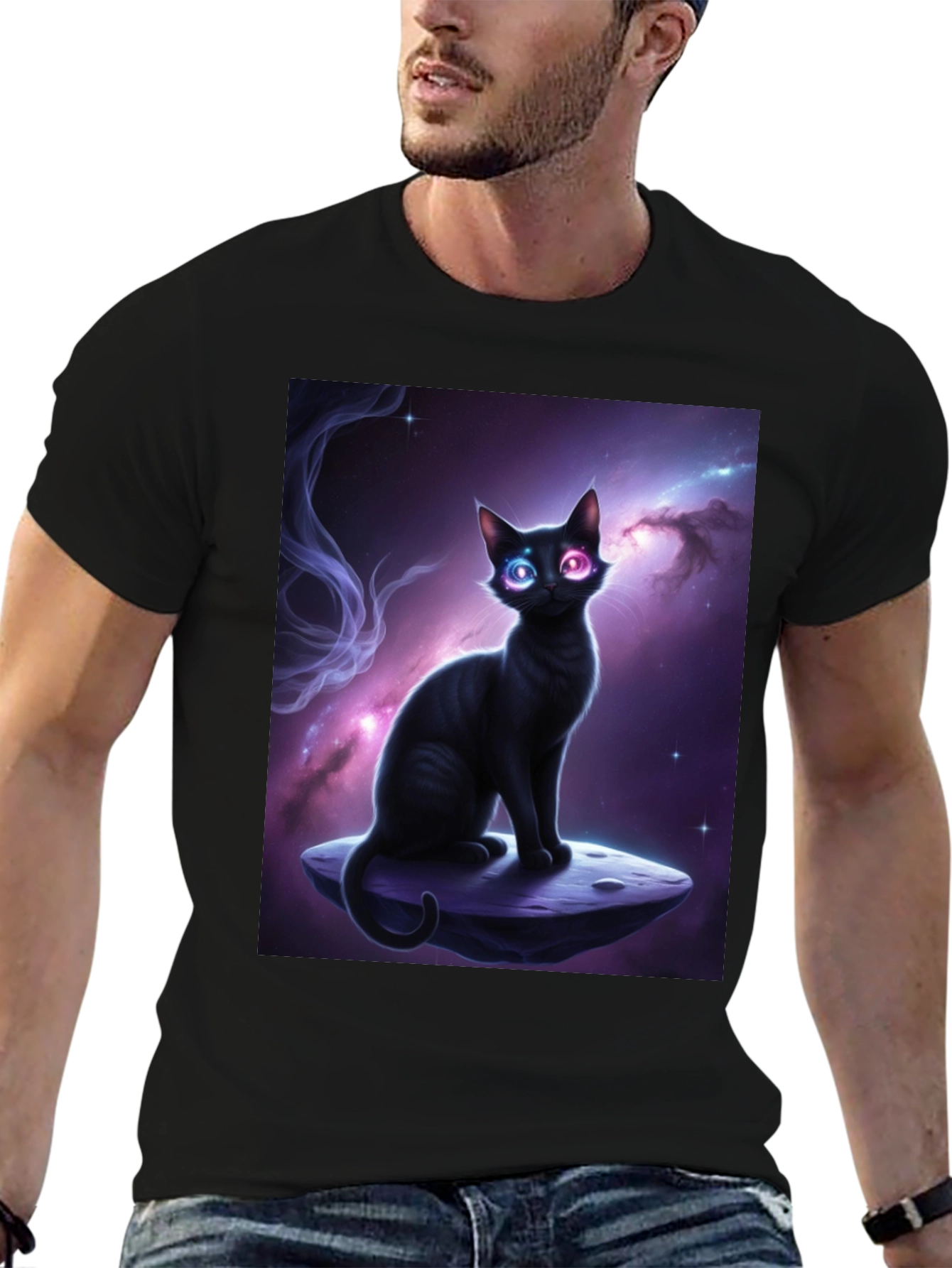 Cosmic Cat Black T-Shirt - Unique Design