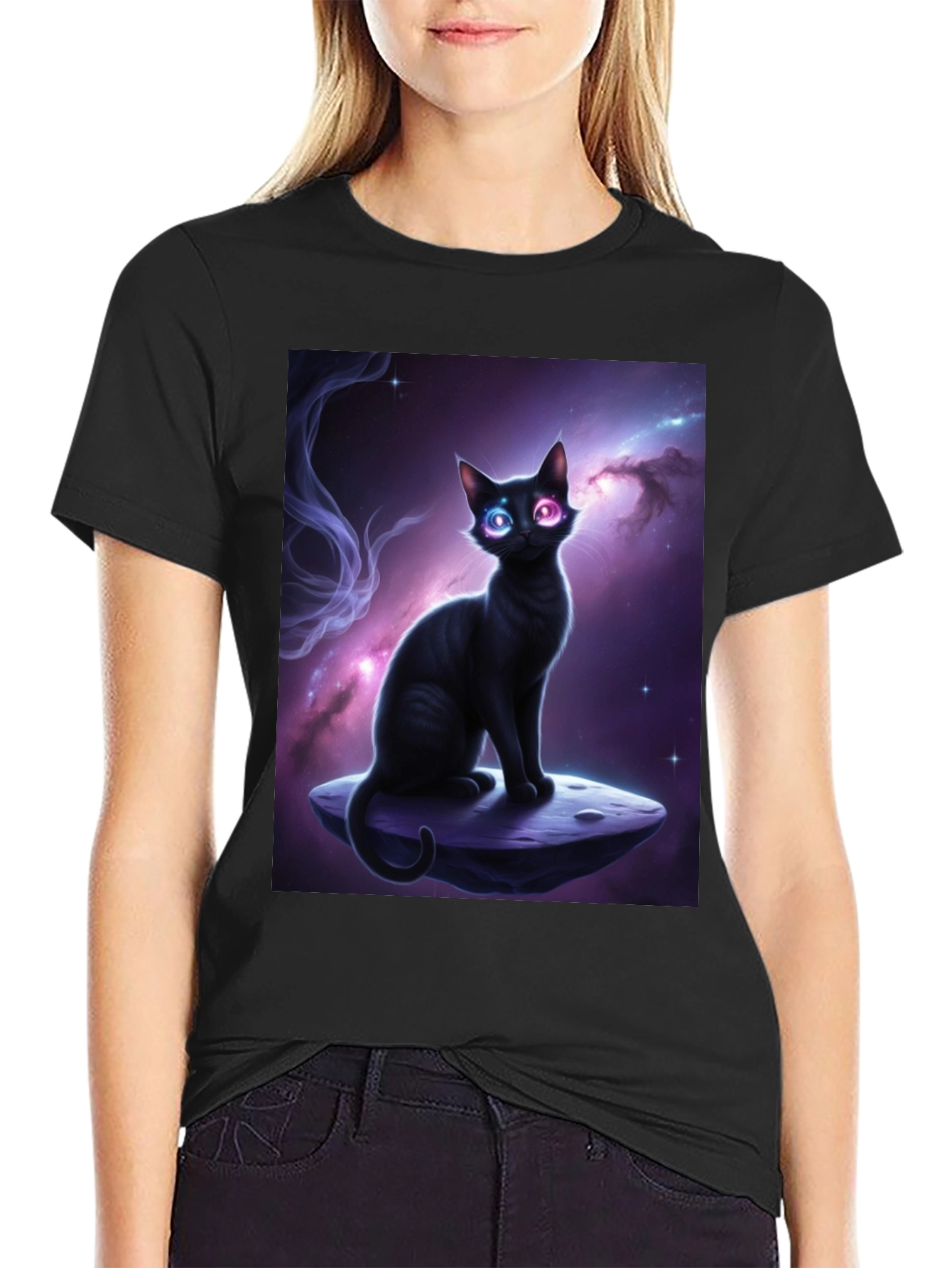 Cosmic Cat Black T-Shirt - Unique Design