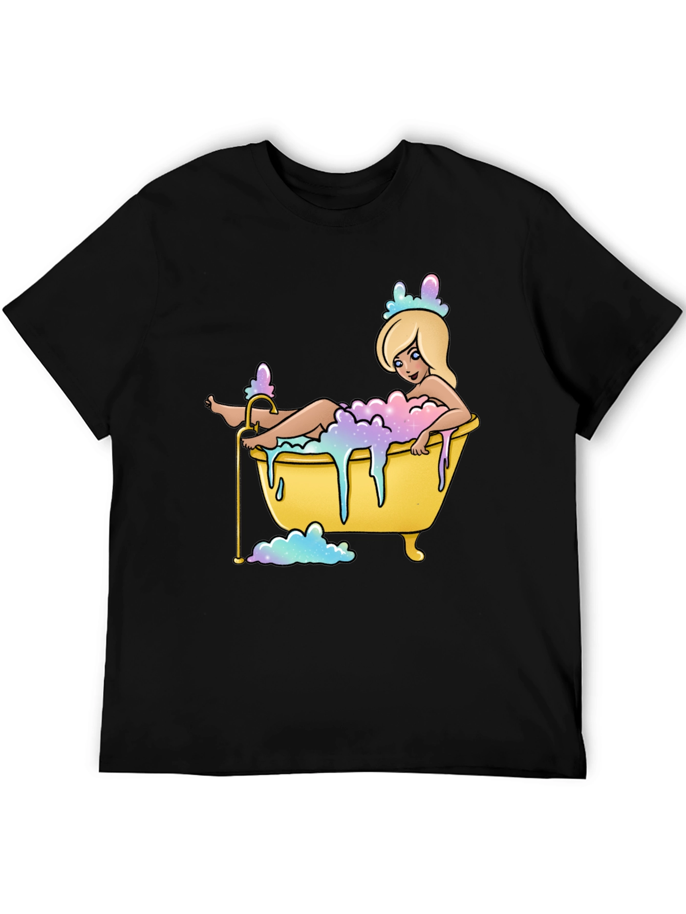 Cartoon Girl Bathtub T-Shirt - Black Cotton Tee