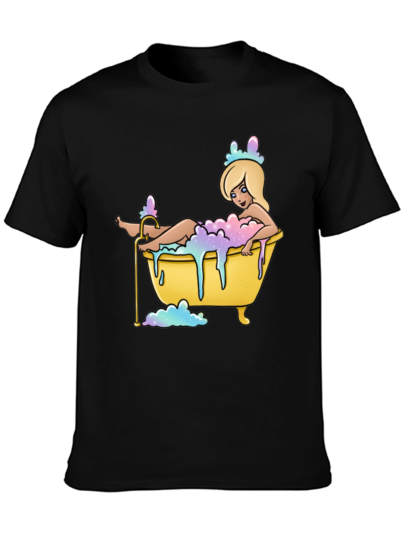 Cartoon Girl Bathtub T-Shirt - Black Cotton Tee