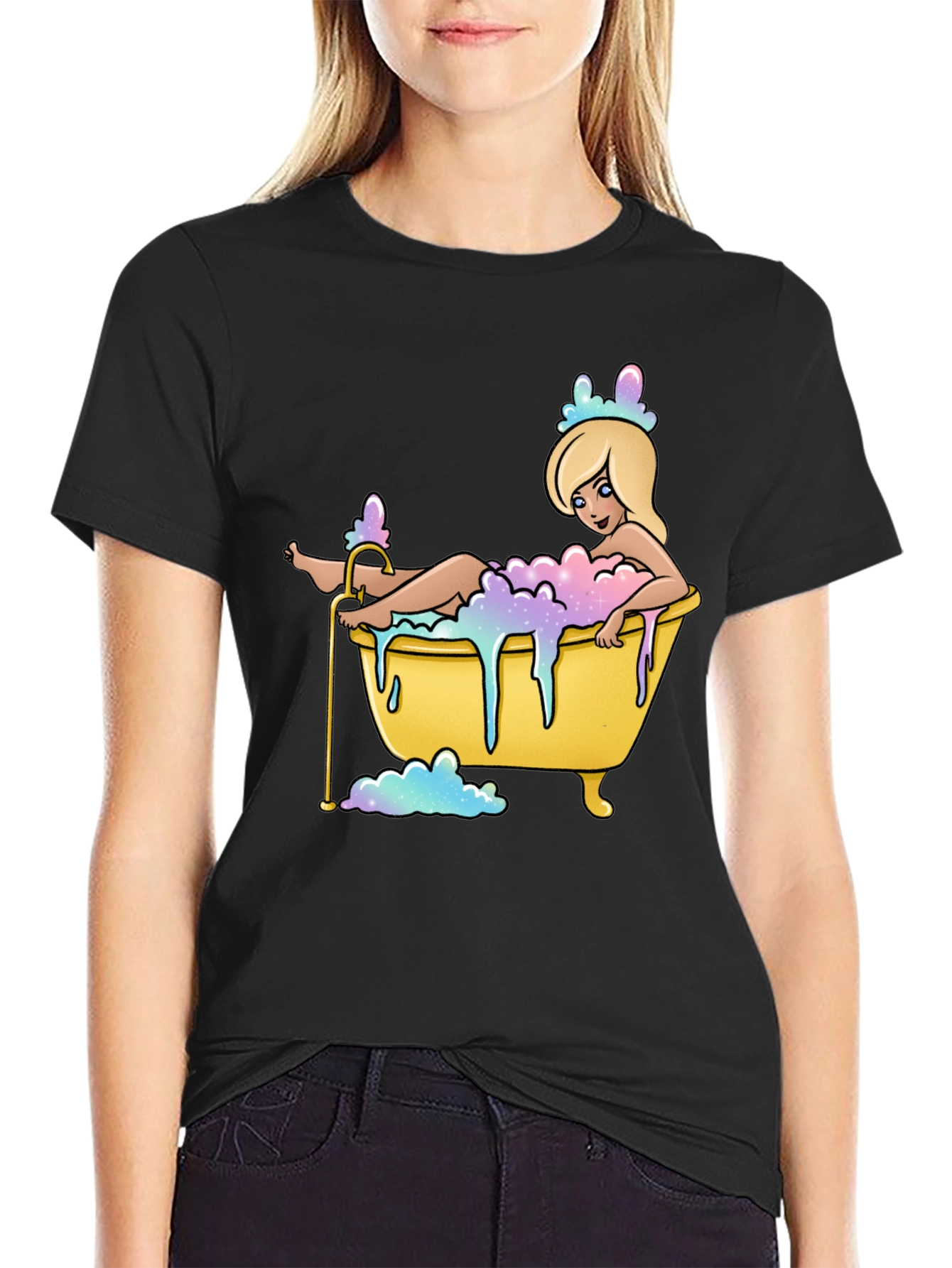 Cartoon Girl Bathtub T-Shirt - Black Cotton Tee