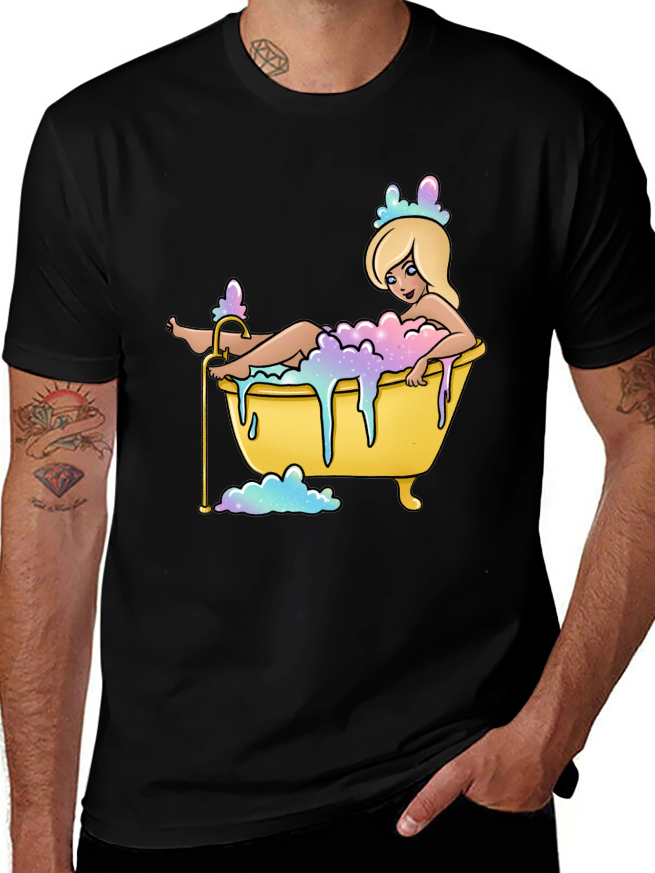 Cartoon Girl Bathtub T-Shirt - Black Cotton Tee