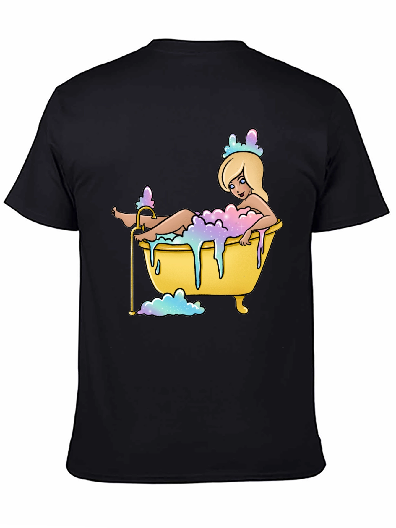Cartoon Girl Bathtub T-Shirt - Black Cotton Tee