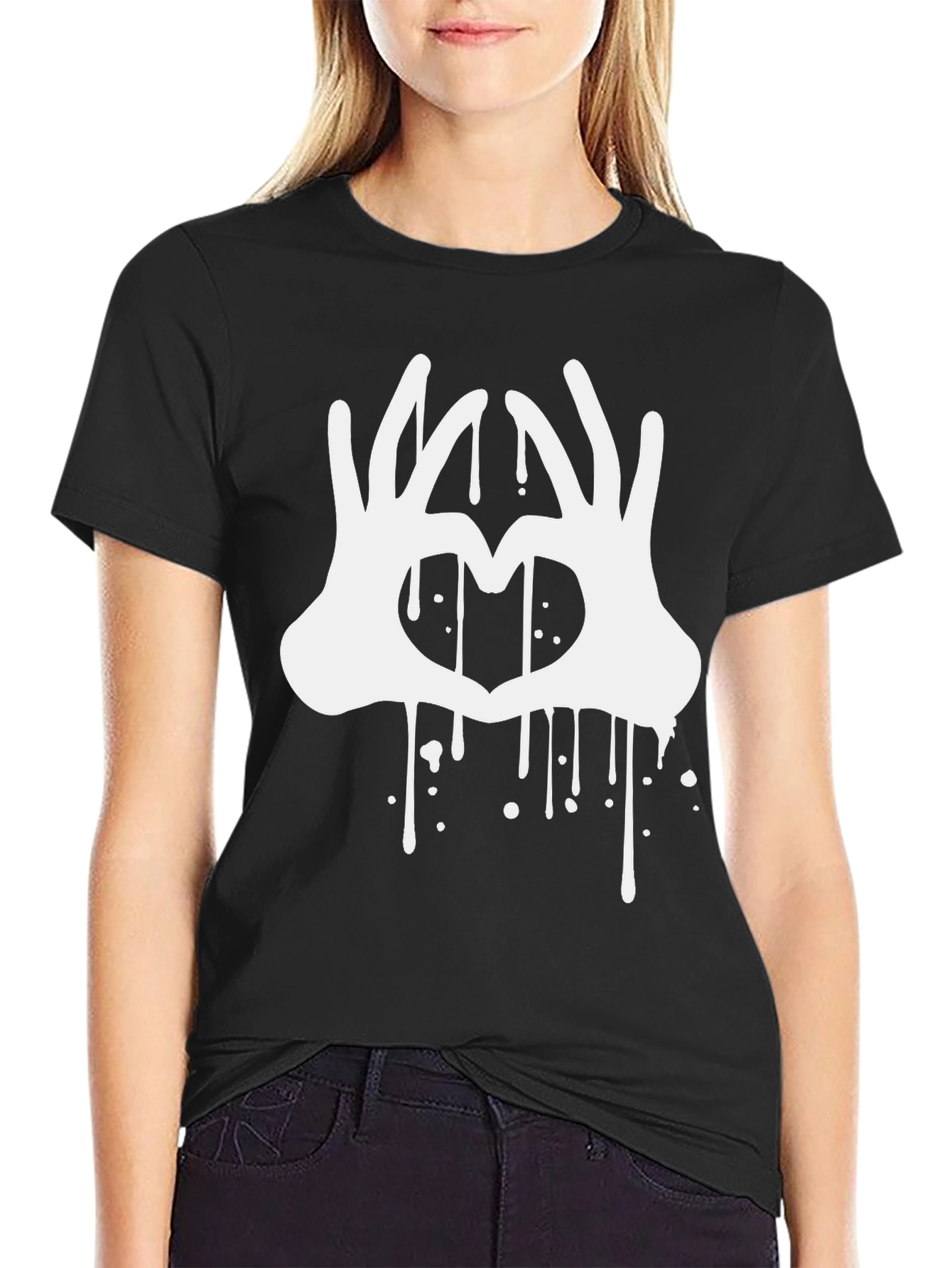 Heart Hands Drip Graphic Black T-Shirt