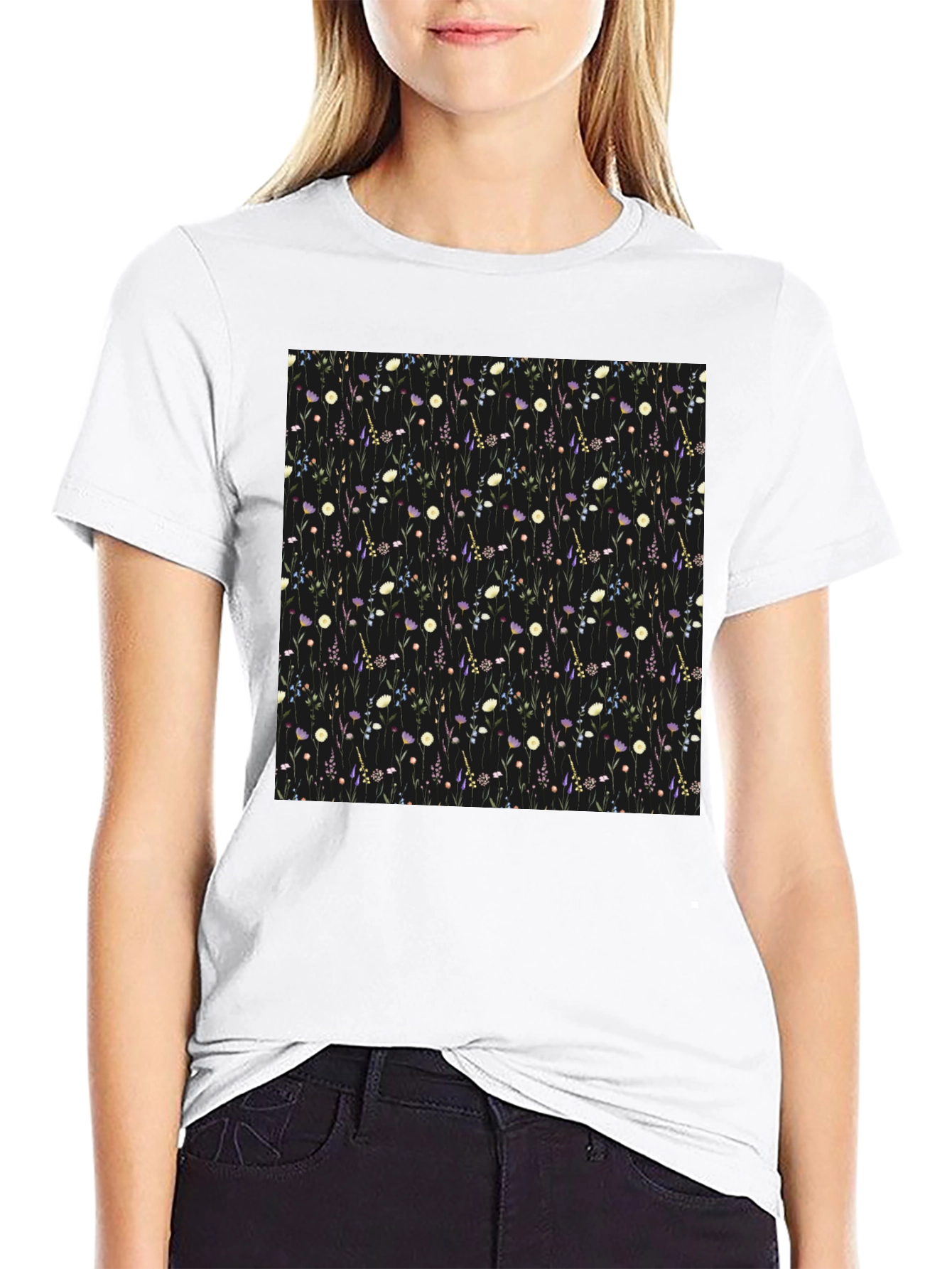 Floral Patterned Black T-Shirt