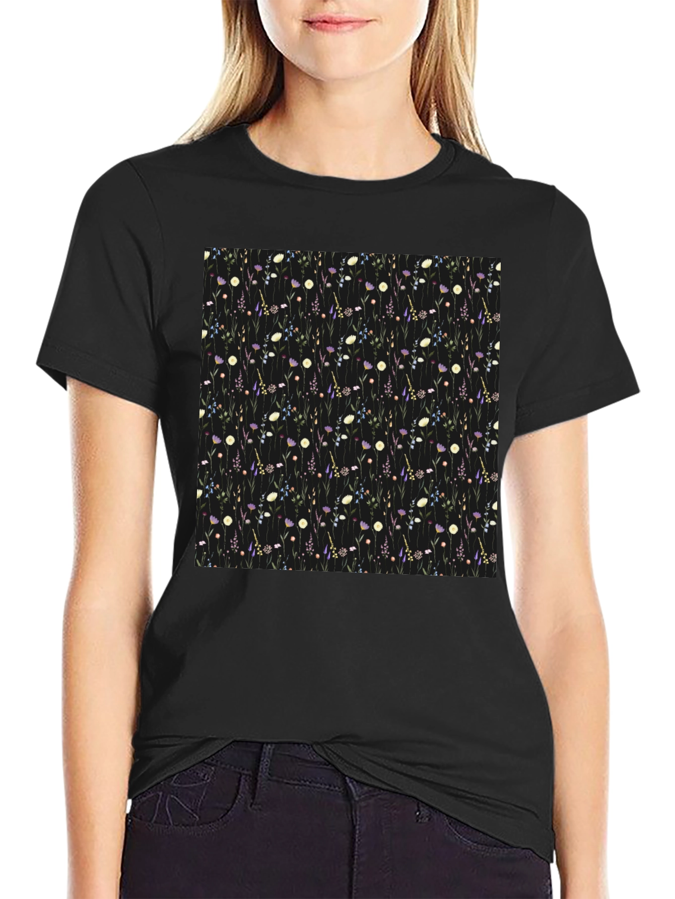 Floral Patterned Black T-Shirt