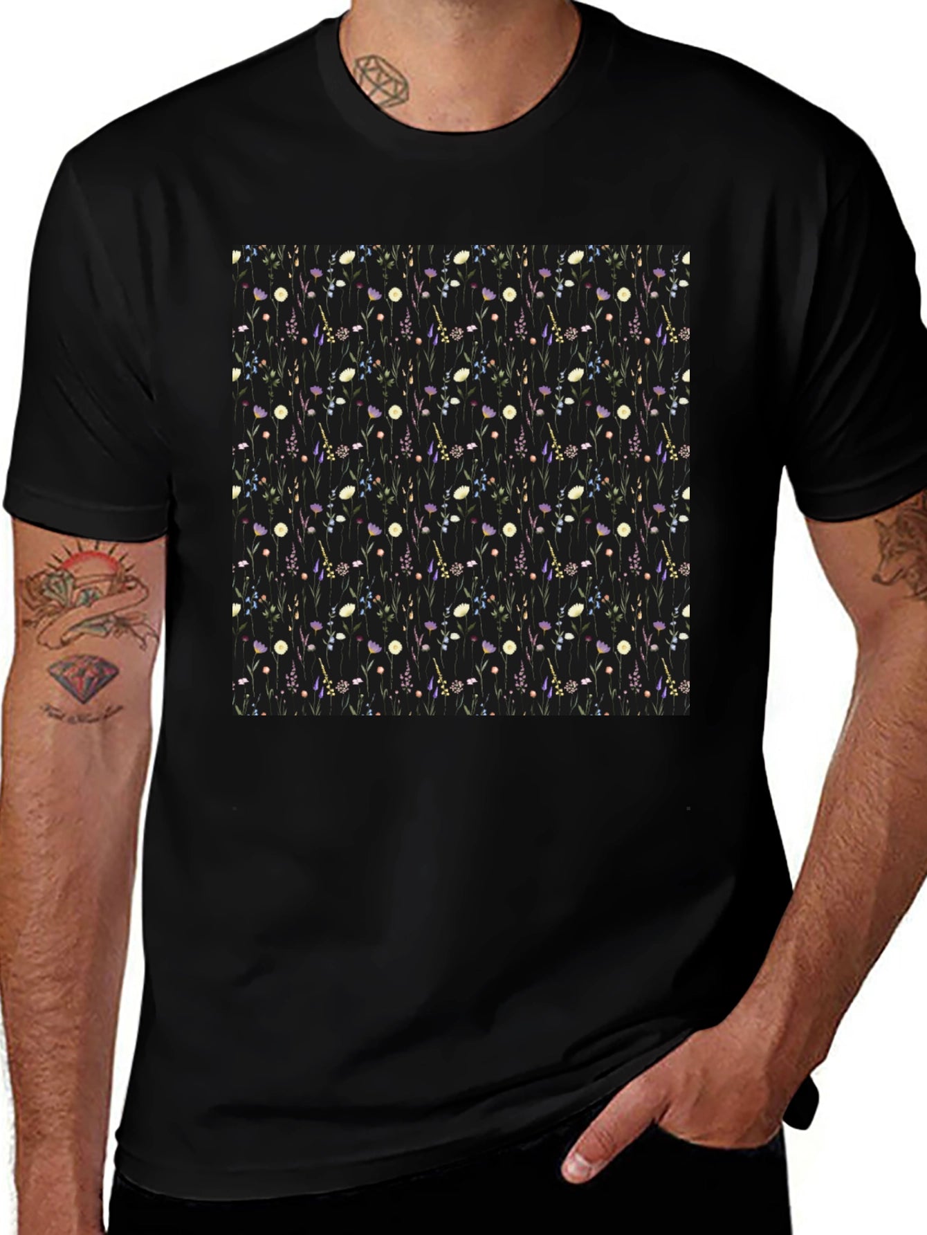 Floral Patterned Black T-Shirt