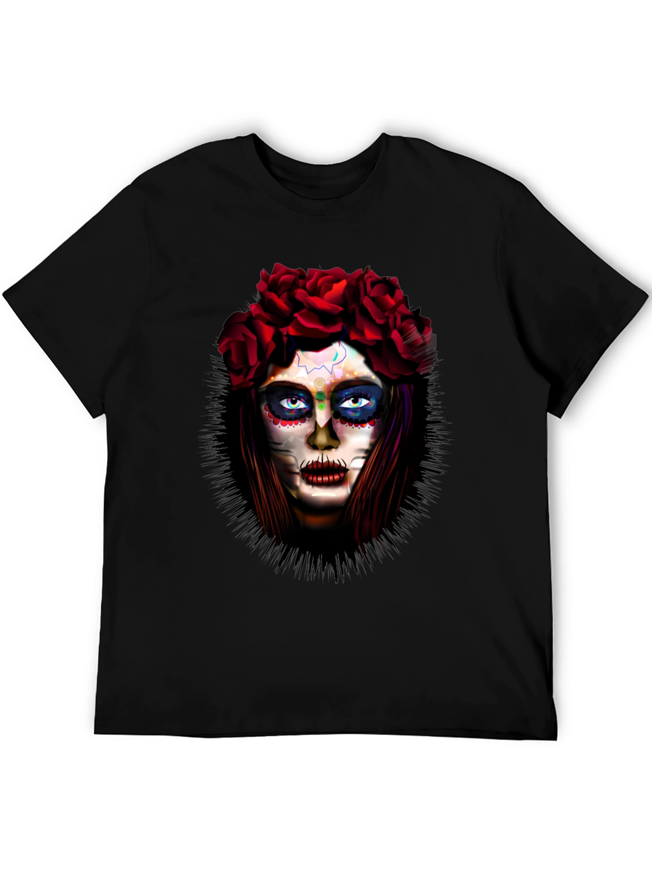 Day of the Dead T-Shirt: Sugar Skull Woman in Roses