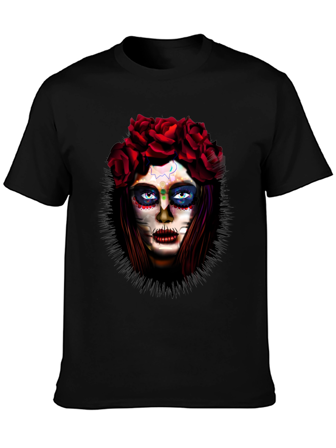 Day of the Dead T-Shirt: Sugar Skull Woman in Roses