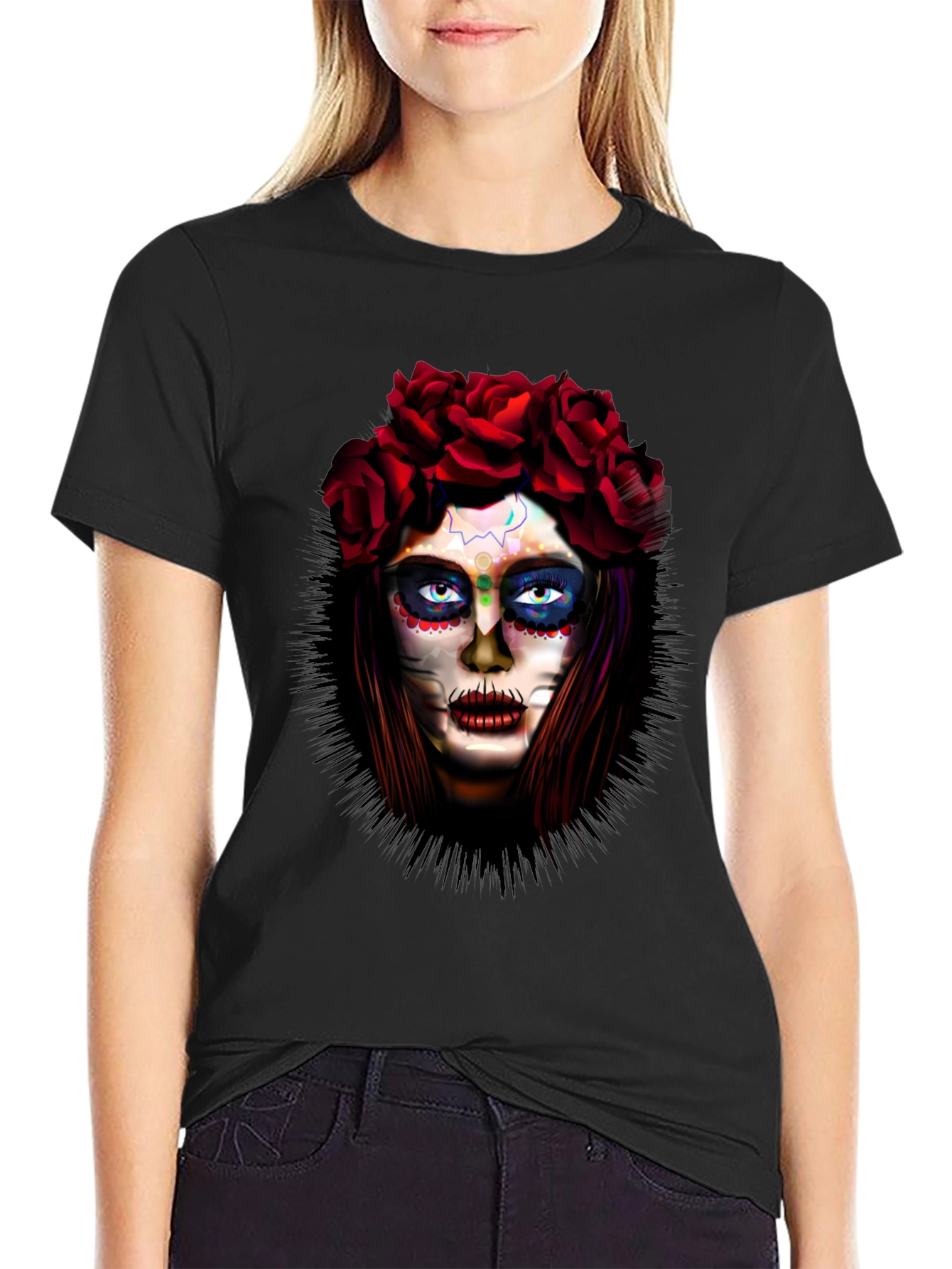 Day of the Dead T-Shirt: Sugar Skull Woman in Roses