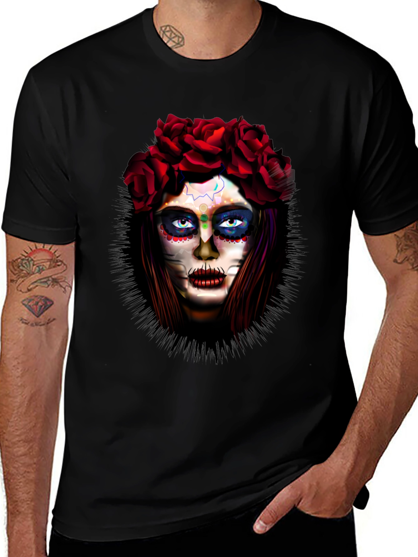 Day of the Dead T-Shirt: Sugar Skull Woman in Roses