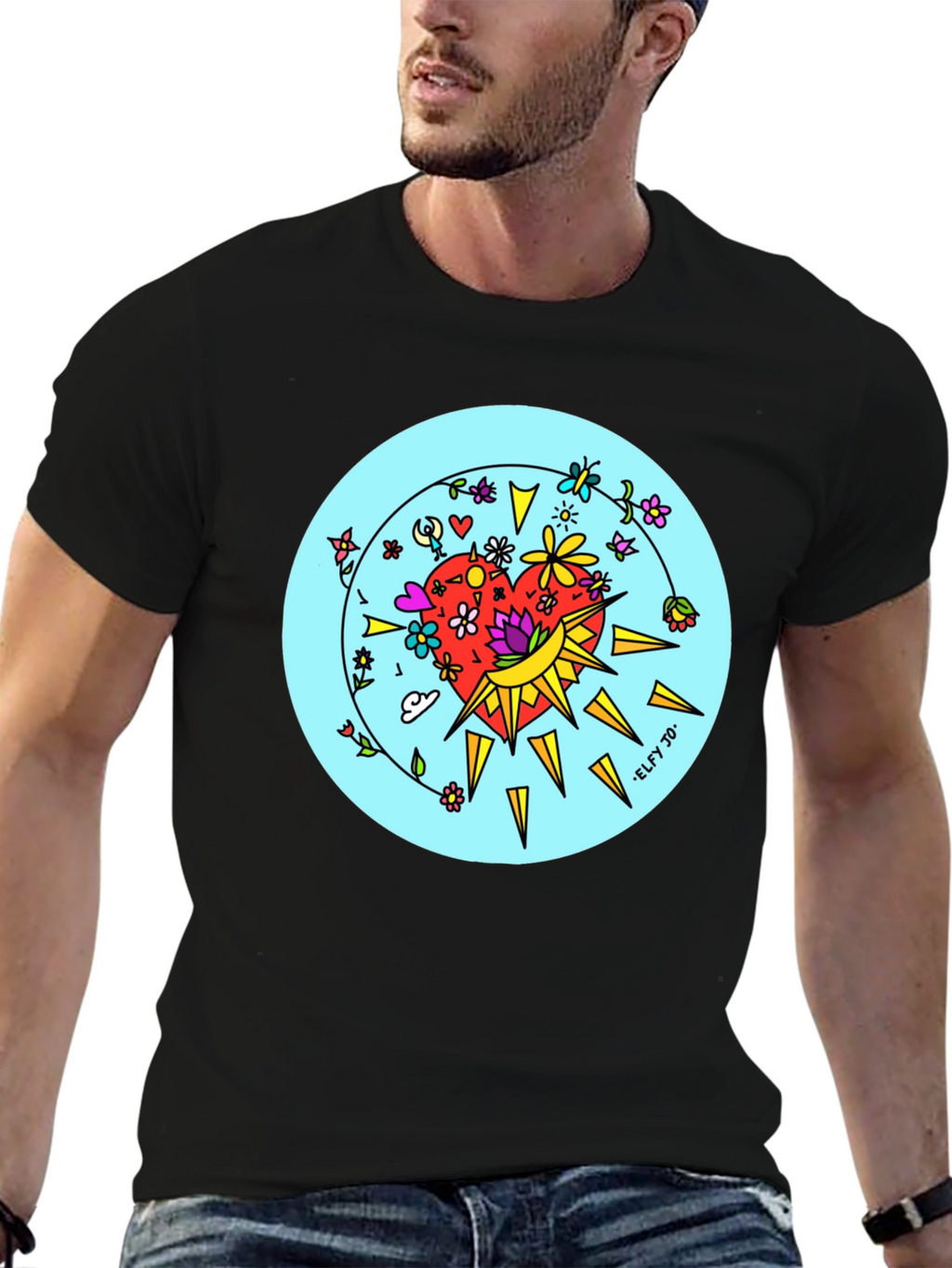 Floral Heart Graphic Black Tee