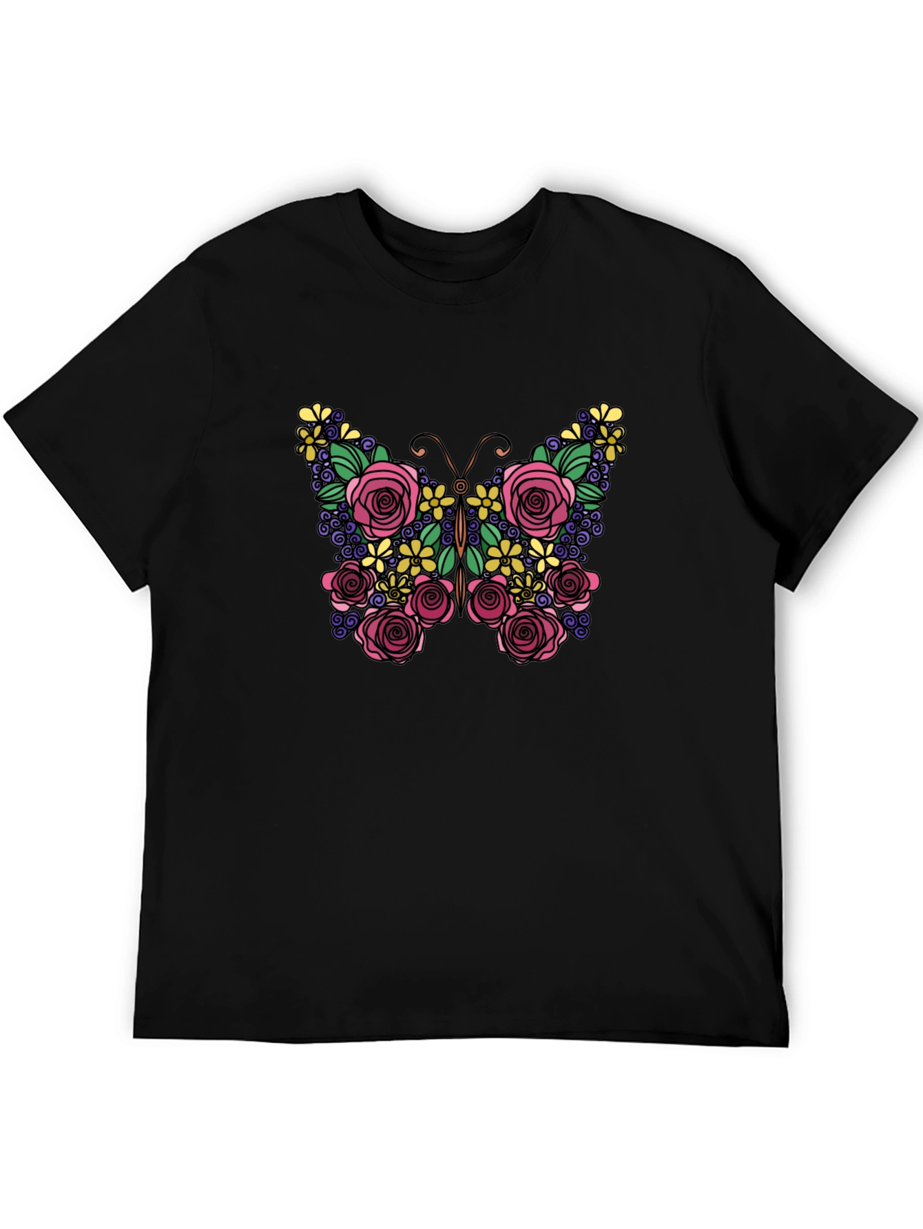 Floral Butterfly Graphic Tee - Black Cotton Comfort