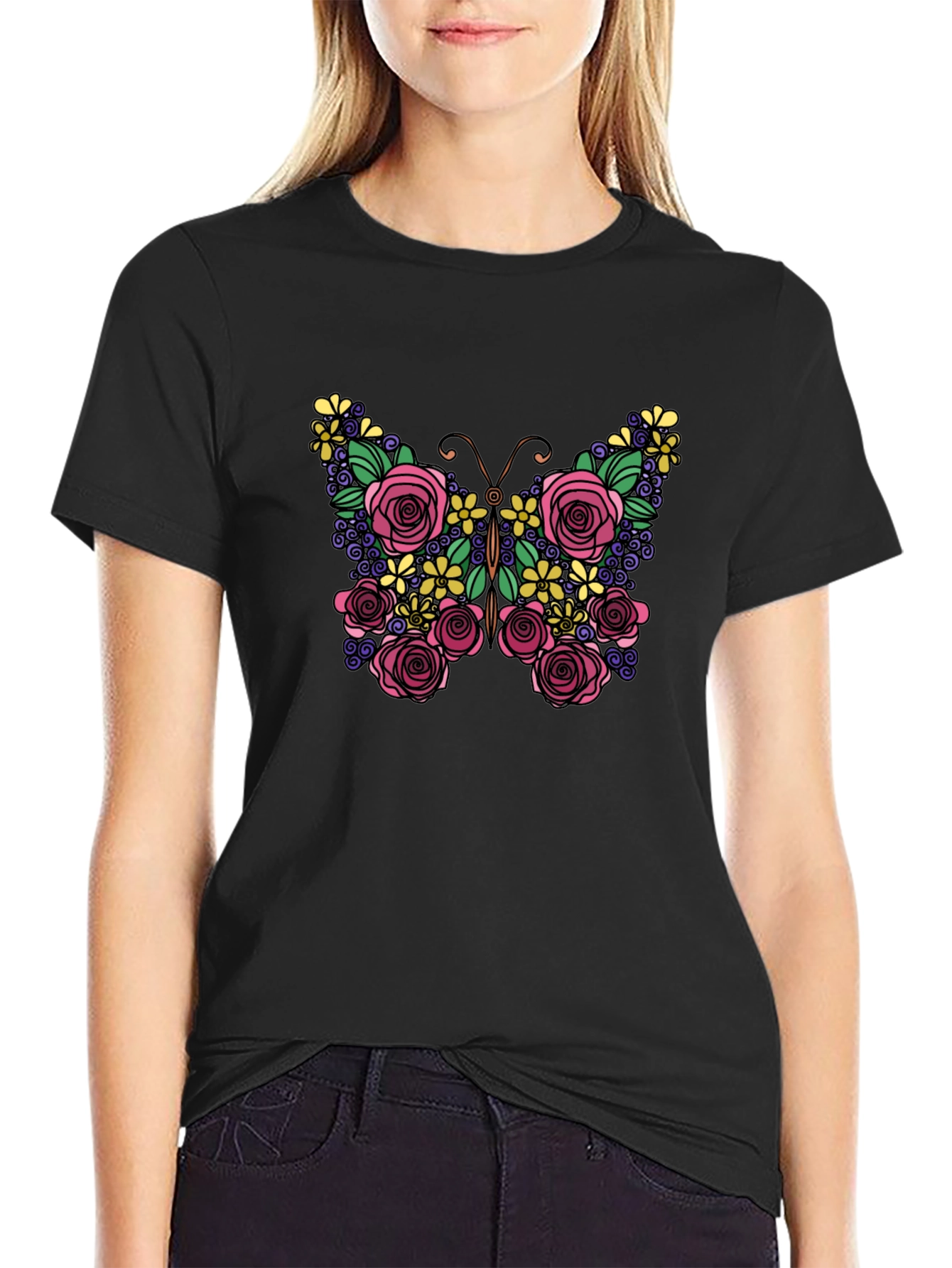 Floral Butterfly Graphic Tee - Black Cotton Comfort