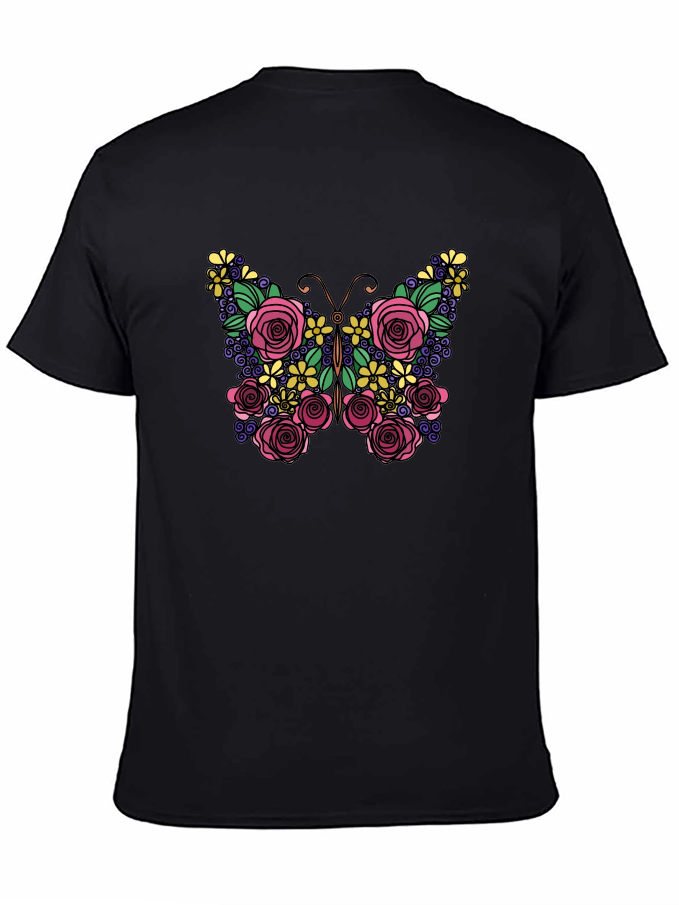 Floral Butterfly Graphic Tee - Black Cotton Comfort