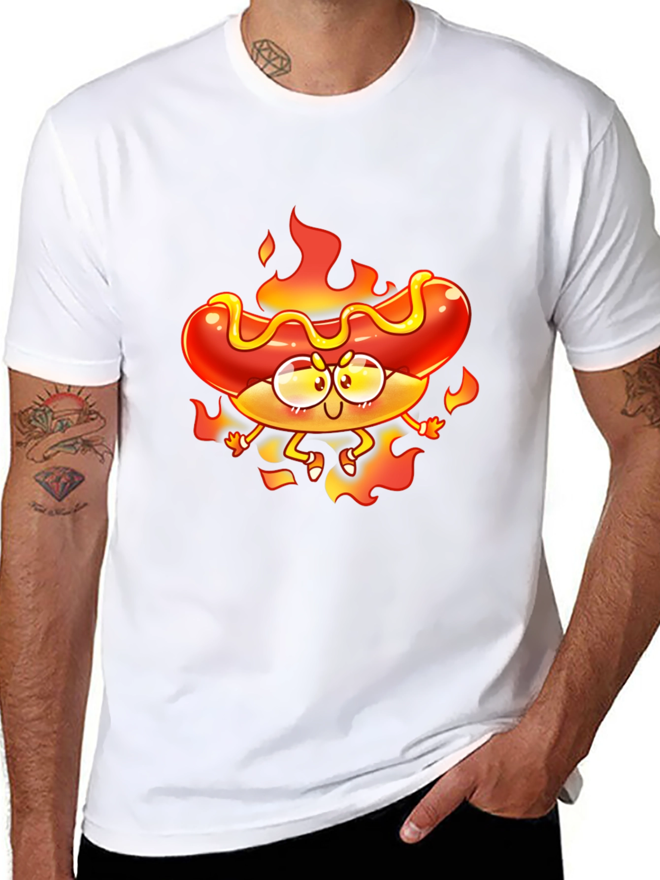 Flaming Hotdog Cartoon Graphic T-Shirt