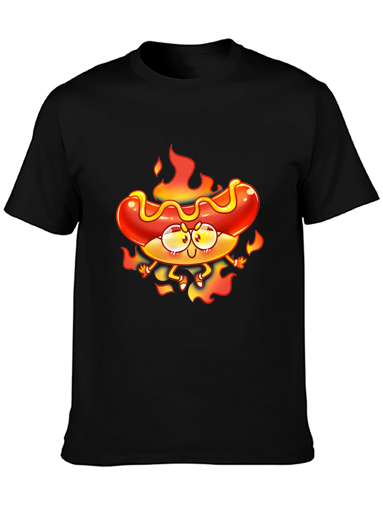 Flaming Hotdog Cartoon Graphic T-Shirt