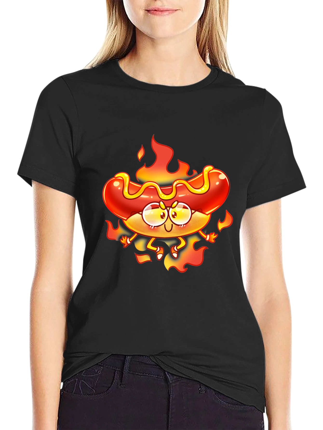 Flaming Hotdog Cartoon Graphic T-Shirt