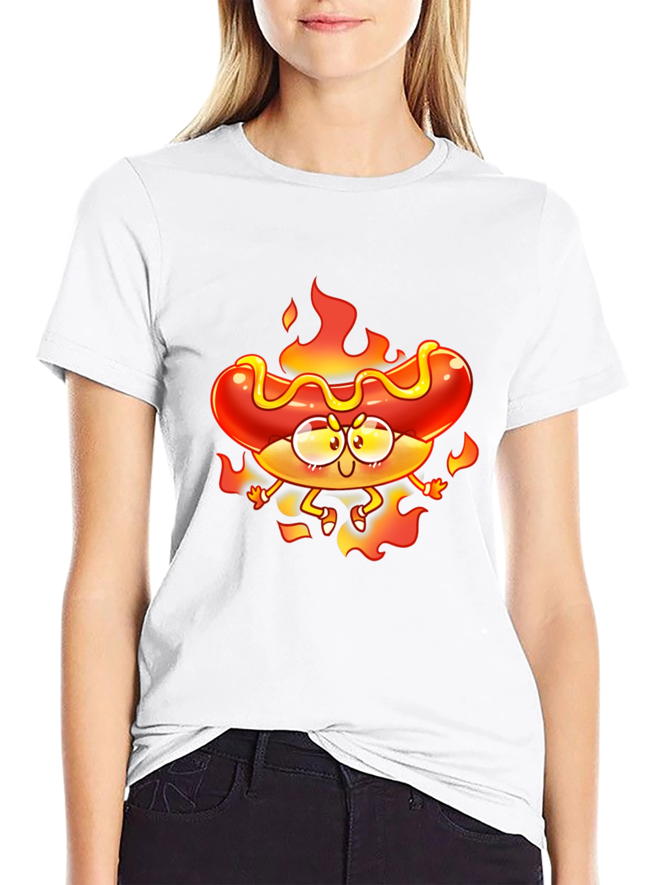Flaming Hotdog Cartoon Graphic T-Shirt