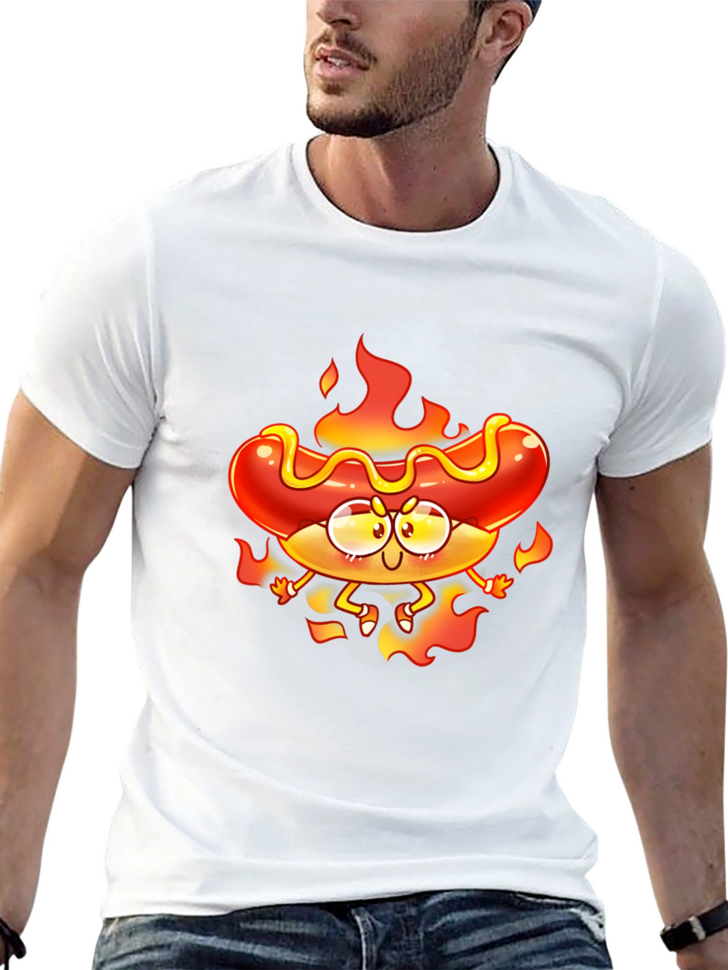 Flaming Hotdog Cartoon Graphic T-Shirt