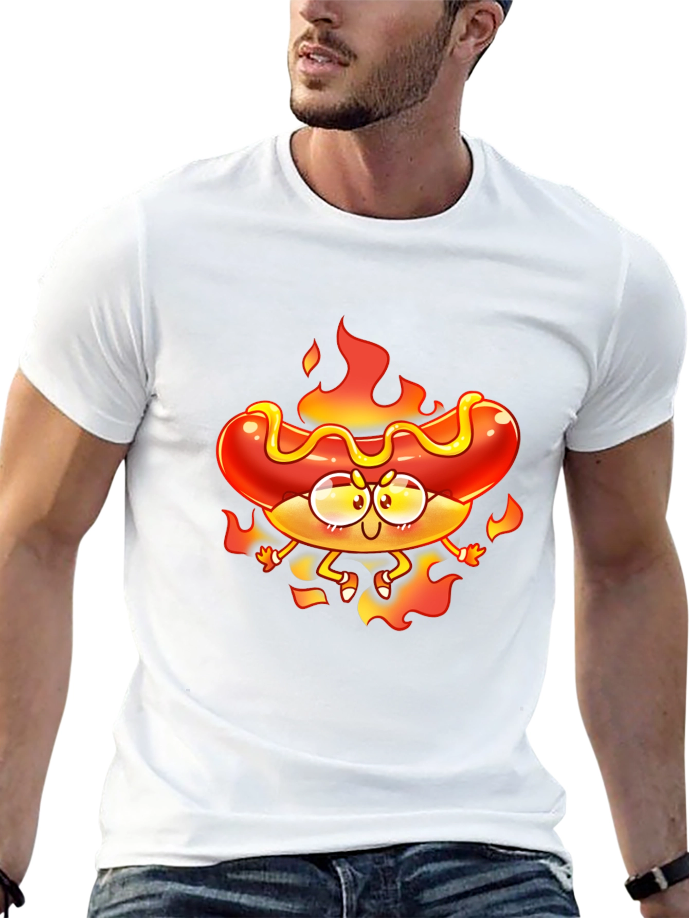 Flaming Hotdog Cartoon Graphic T-Shirt