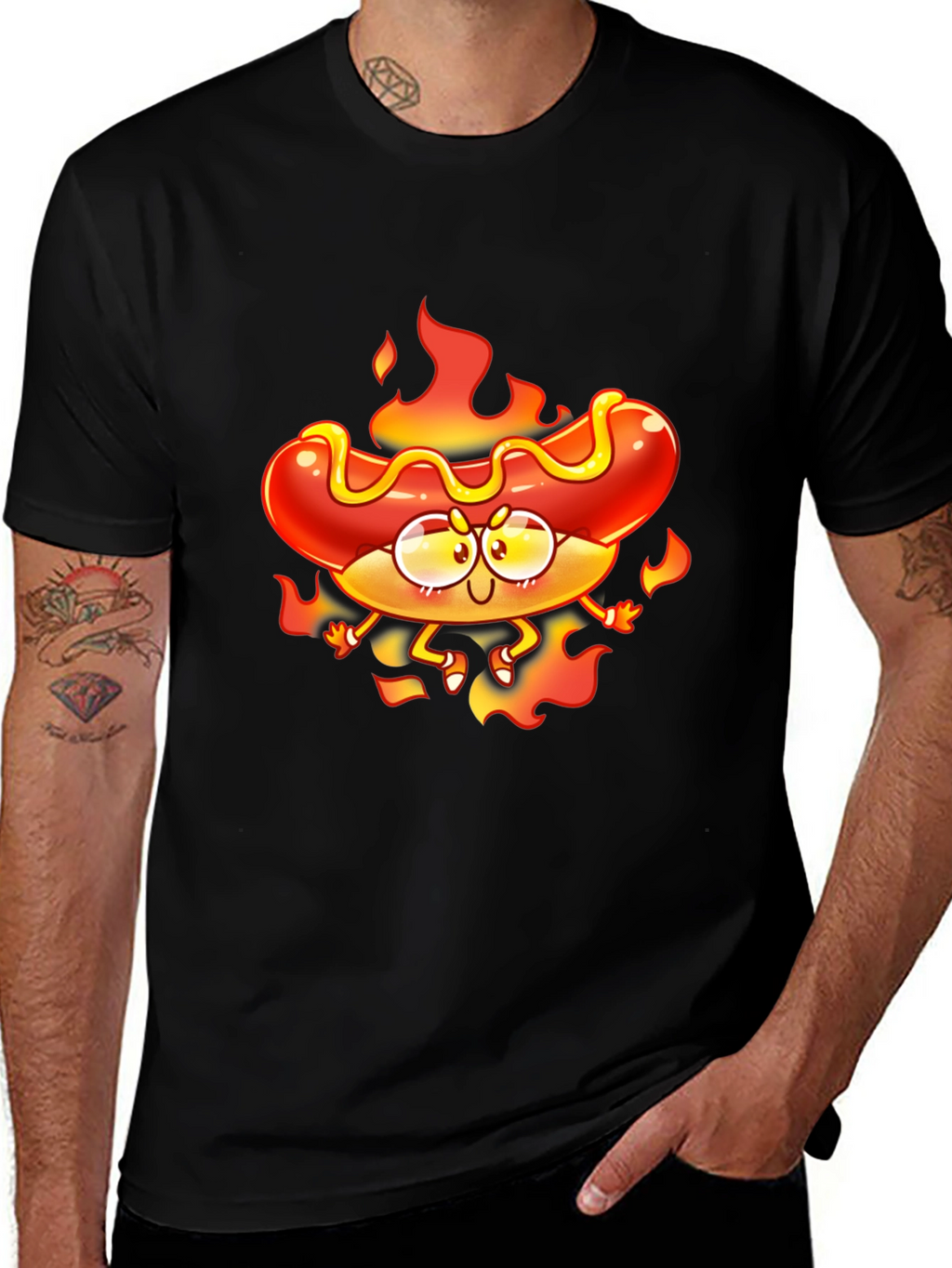 Flaming Hotdog Cartoon Graphic T-Shirt