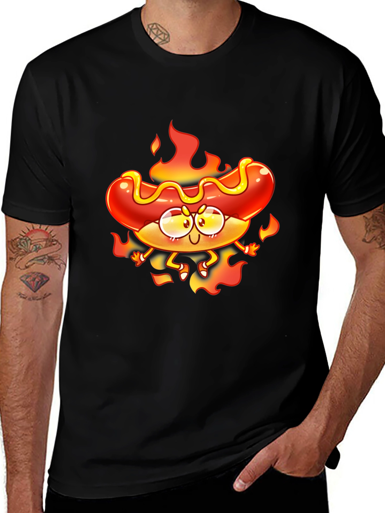 Flaming Hotdog Cartoon Graphic T-Shirt