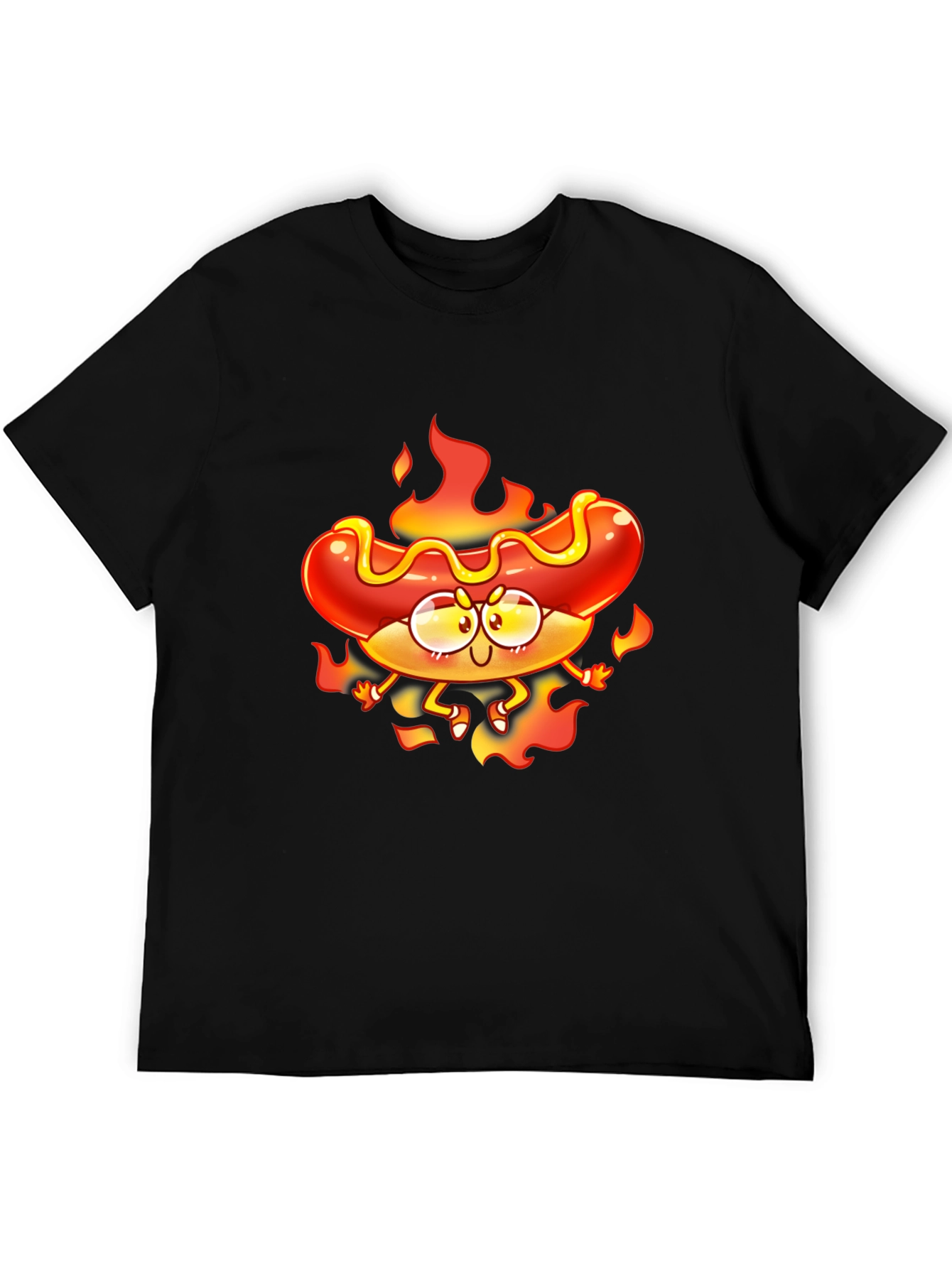 Flaming Hotdog Cartoon Graphic T-Shirt