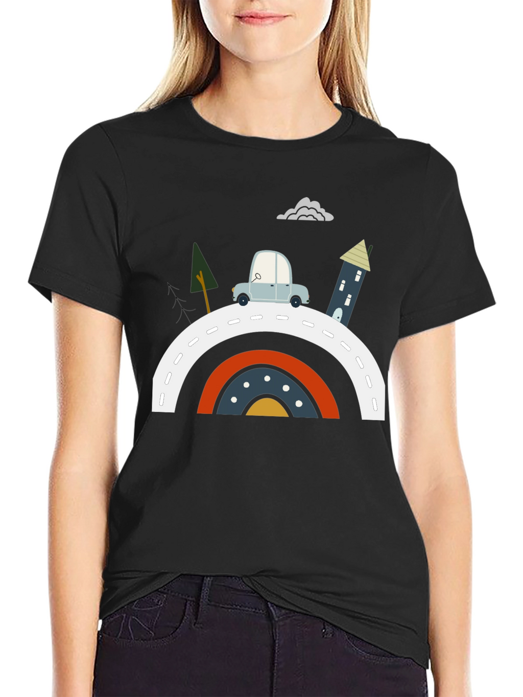 Cartoon Car Rainbow Road Graphic Tee