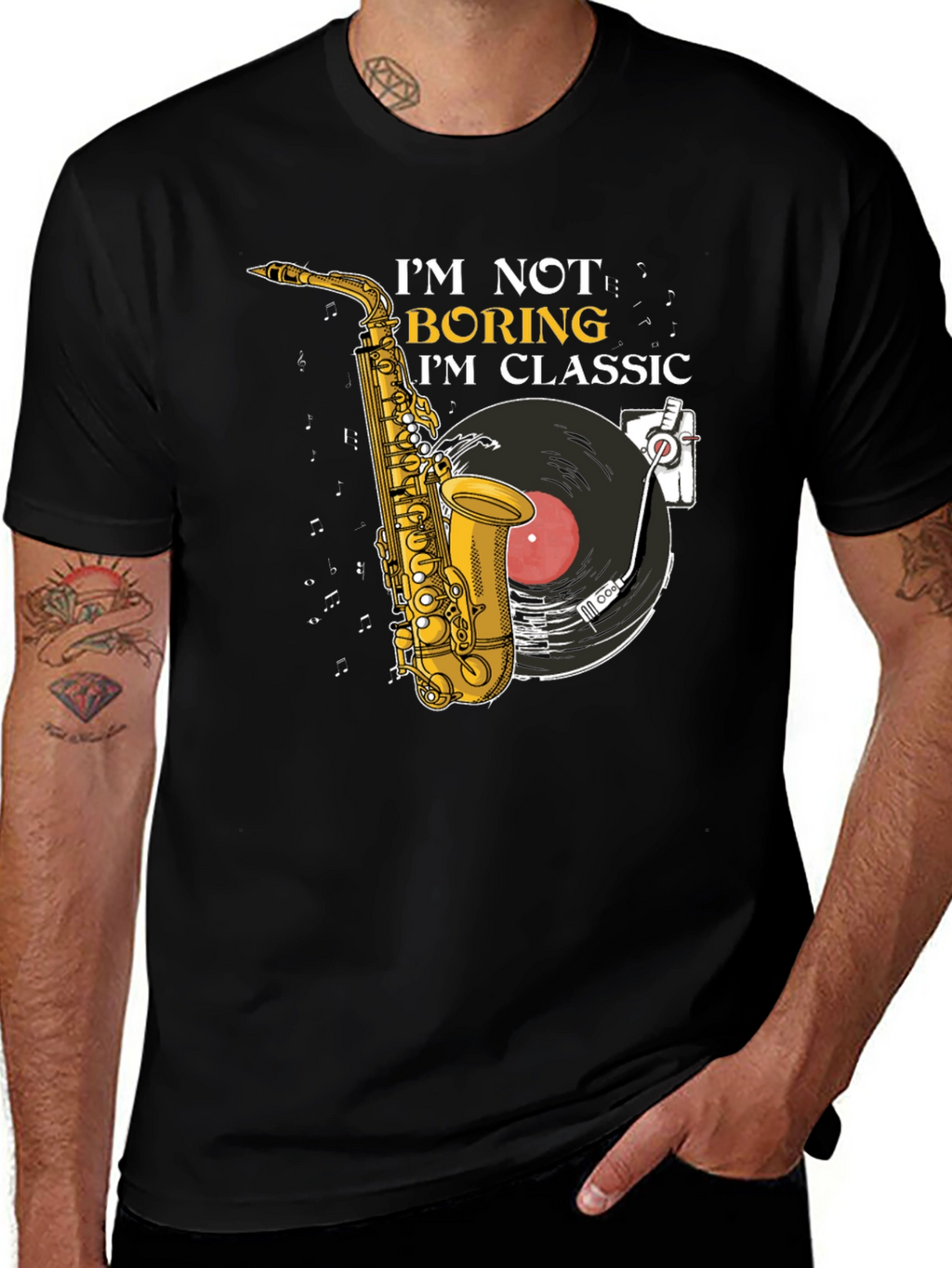 Classic Music T-Shirt: Saxophone & Vinyl Design