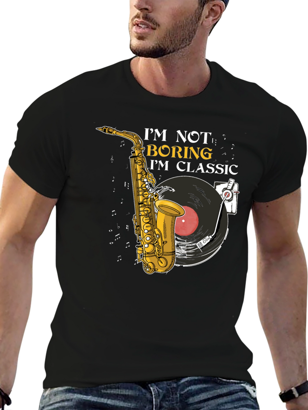 Classic Music T-Shirt: Saxophone & Vinyl Design