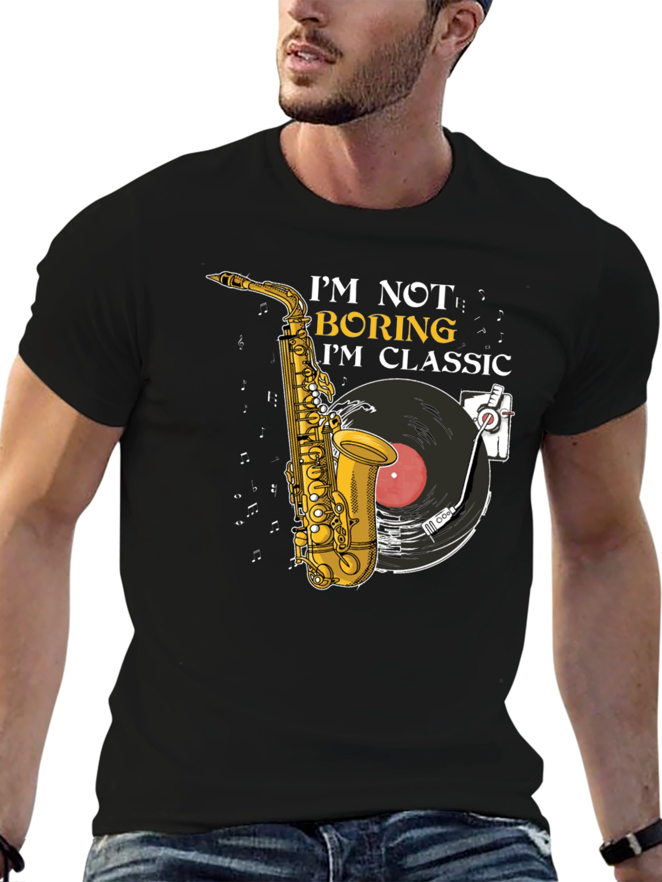 Classic Music T-Shirt: Saxophone & Vinyl Design