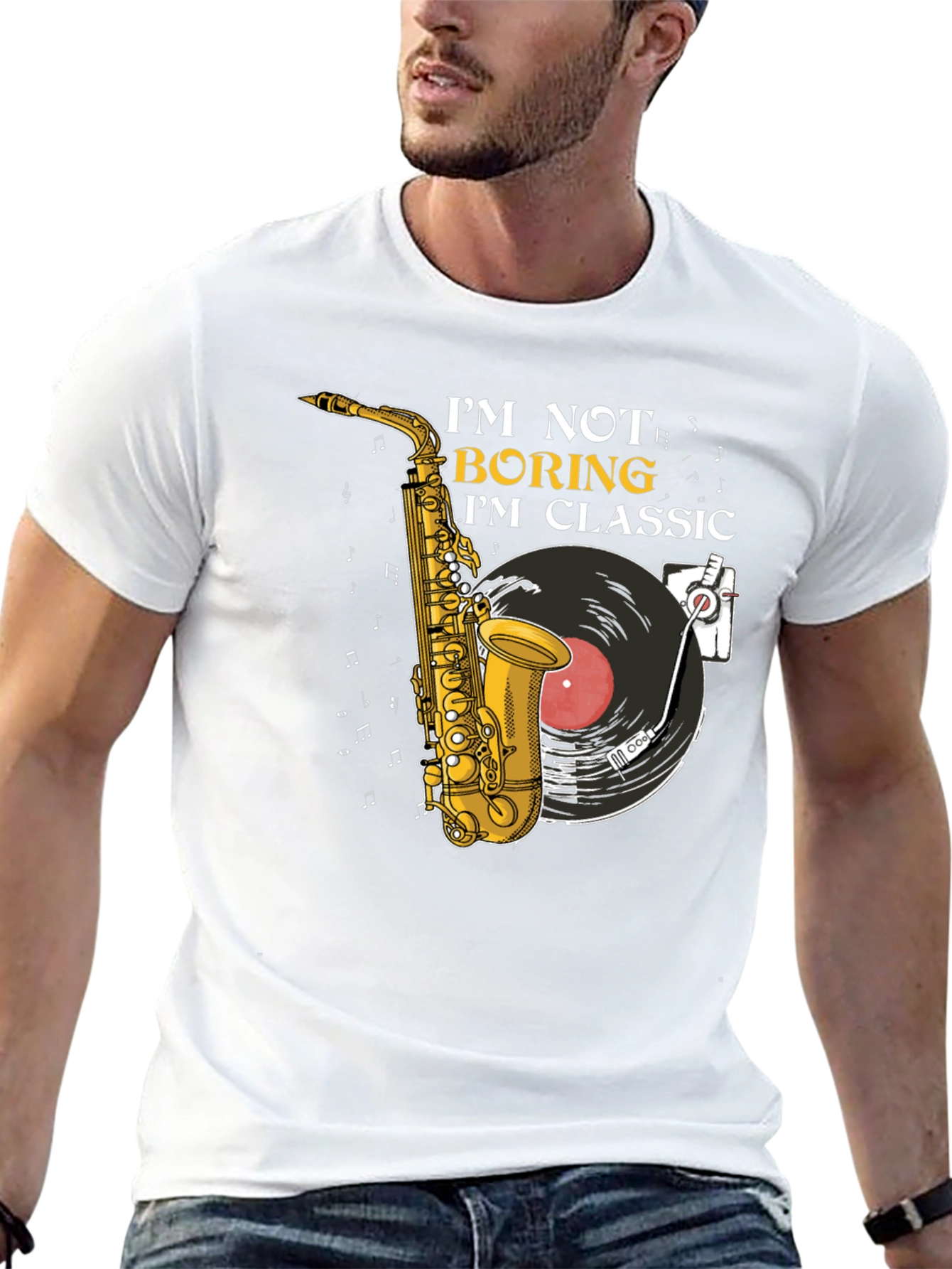Classic Music T-Shirt: Saxophone & Vinyl Design