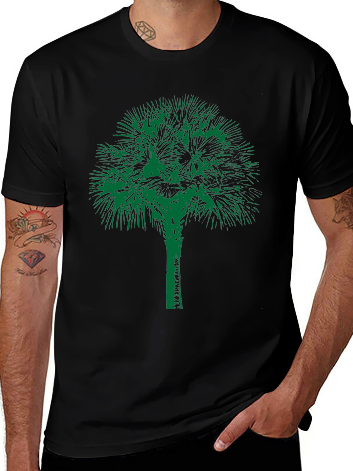 Green Palm Tree Black Tee - Relaxed Coastal Style
