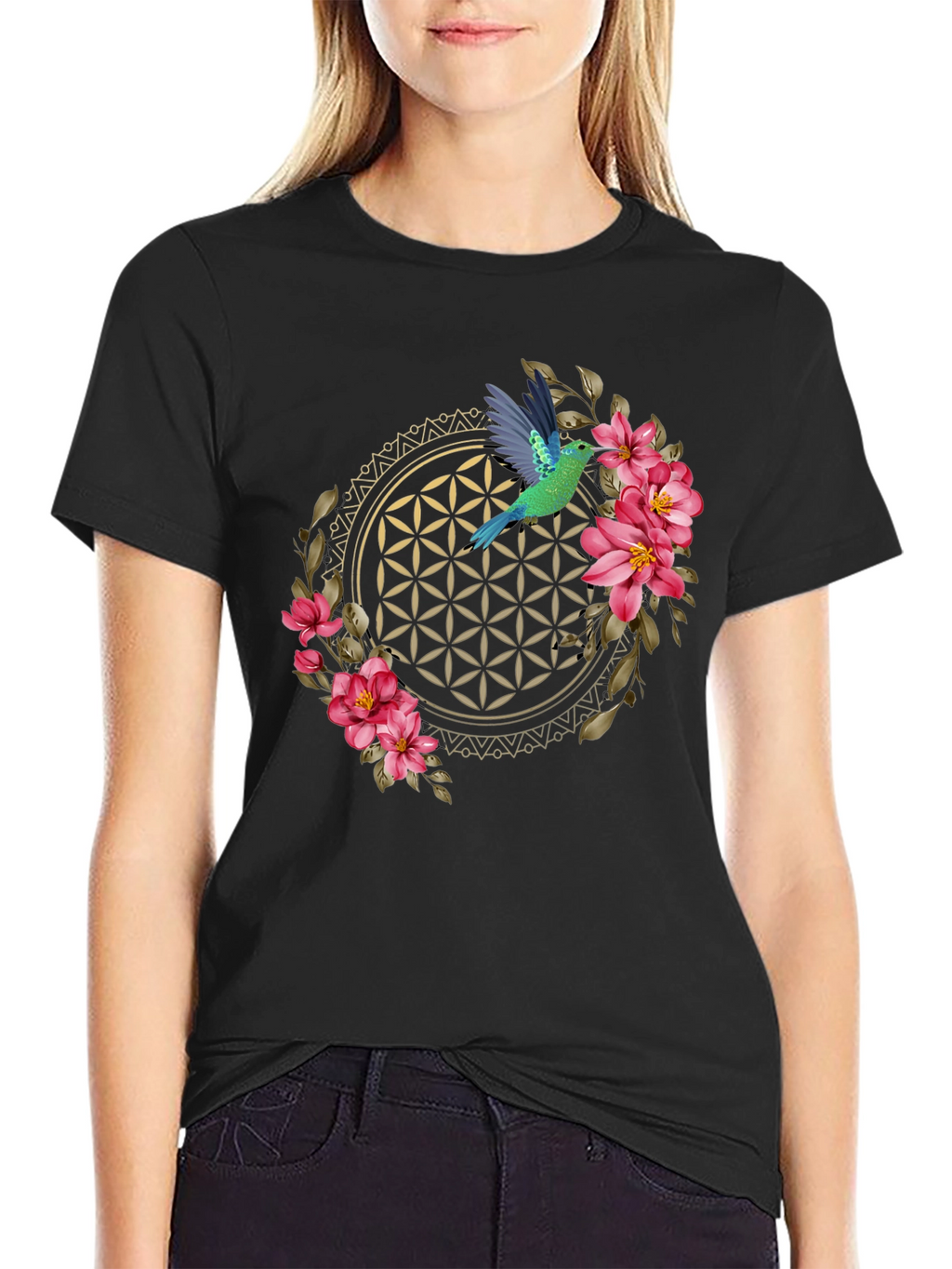 Floral Hummingbird Graphic Tee - Black