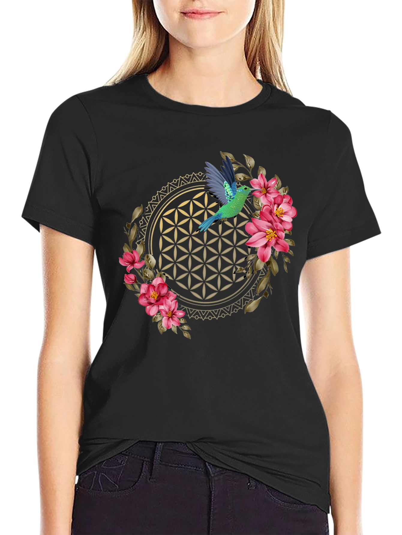 Floral Hummingbird Graphic Tee - Black