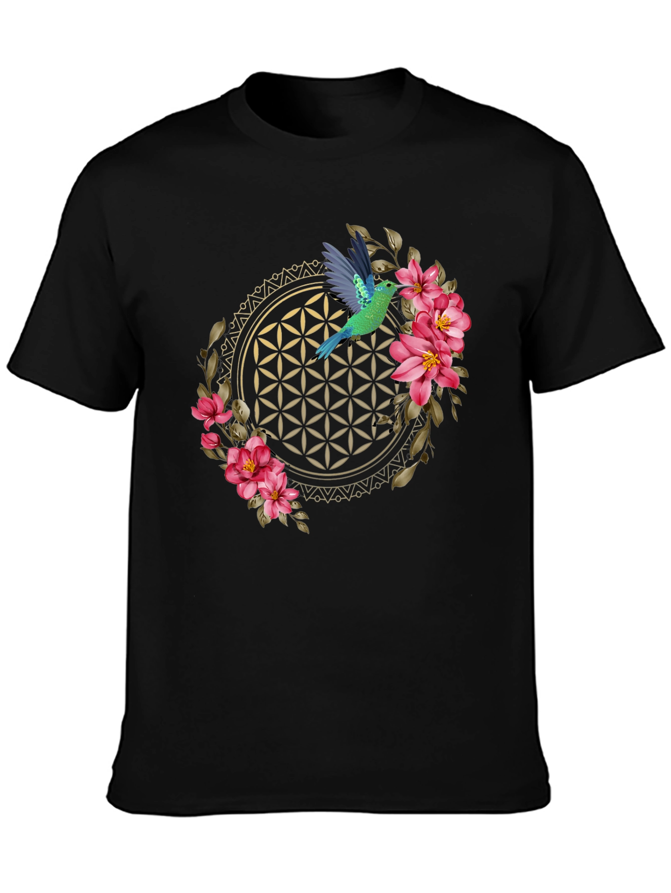 Floral Hummingbird Graphic Tee - Black