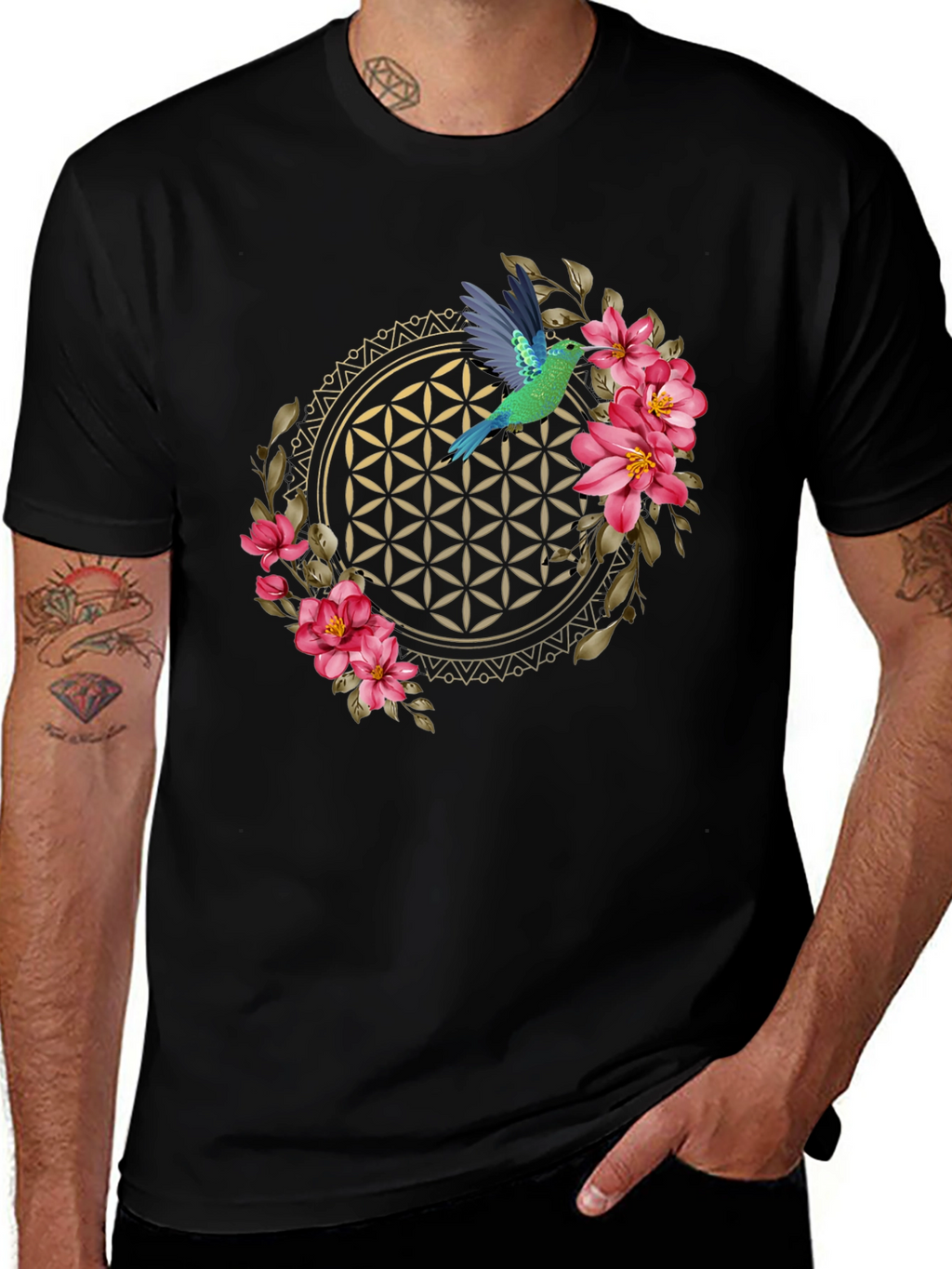 Floral Hummingbird Graphic Tee - Black