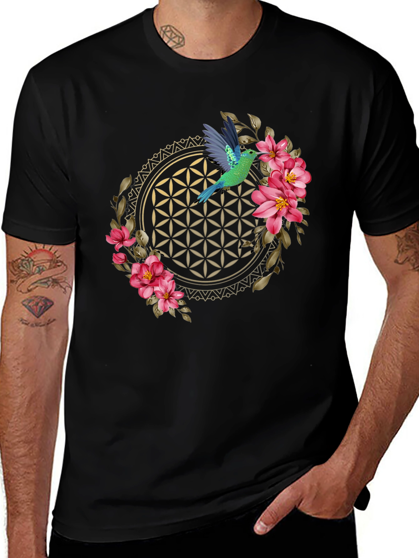Floral Hummingbird Graphic Tee - Black