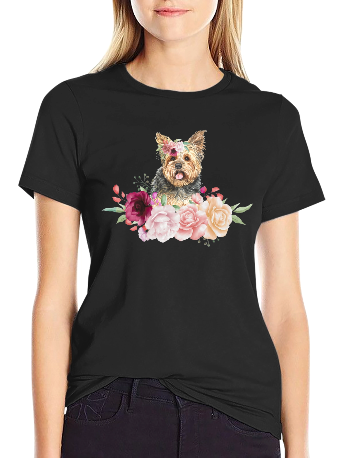 Dog Floral T-Shirt - Cute Yorkie Design