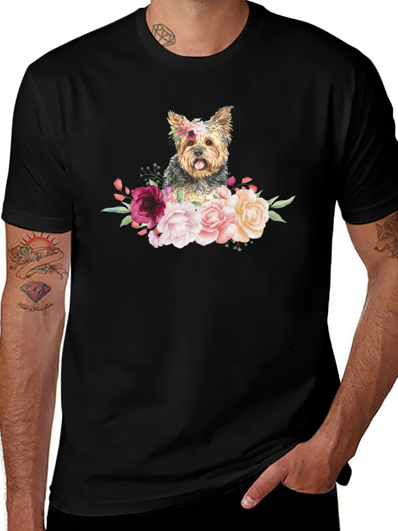 Dog Floral T-Shirt - Cute Yorkie Design