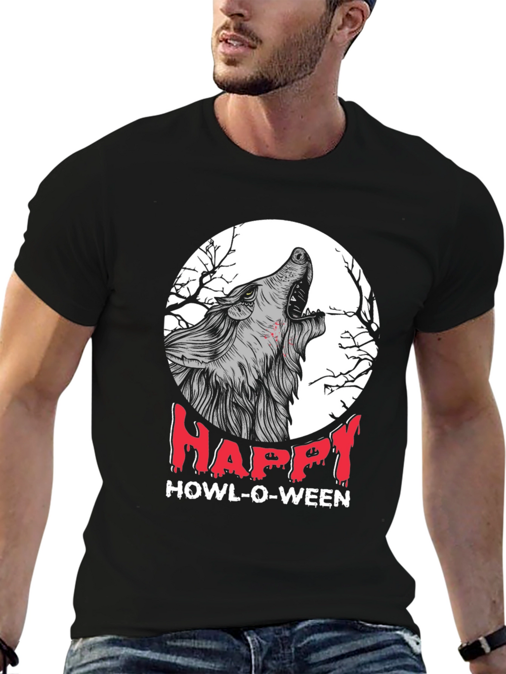 Happy Howl-O-Ween Wolf Graphic T-Shirt