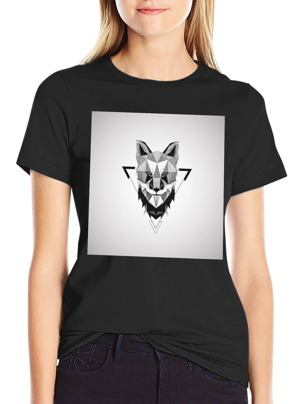 Geometric Wolf Graphic Black T-Shirt