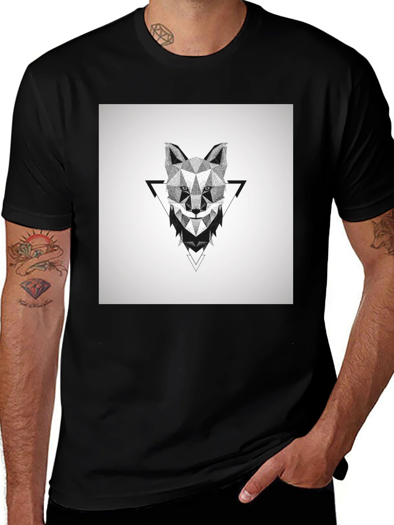 Geometric Wolf Graphic Black T-Shirt