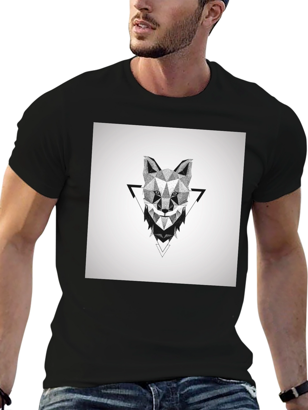 Geometric Wolf Graphic Black T-Shirt