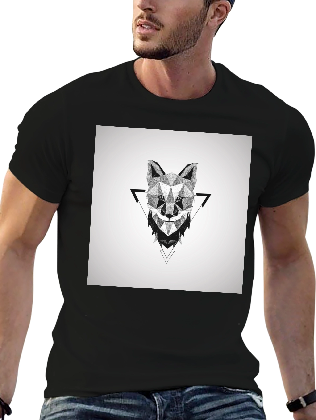 Geometric Wolf Graphic Black T-Shirt