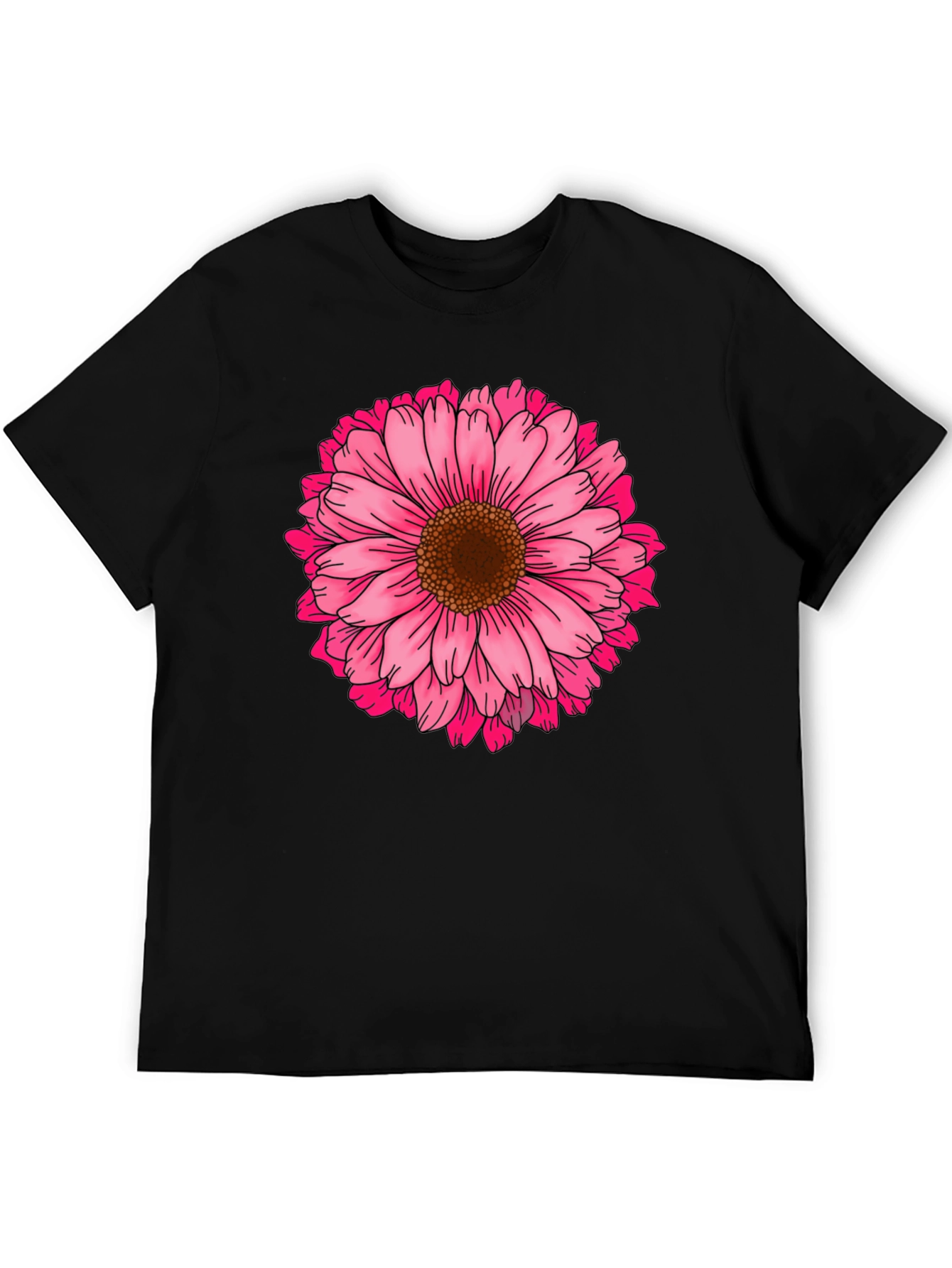 Black T-Shirt with Pink Daisy Flower Graphic